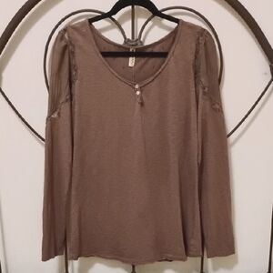 Free People Long Puff Sleeve Lace 2-button Front Henley Taupe Brown Size L NWT